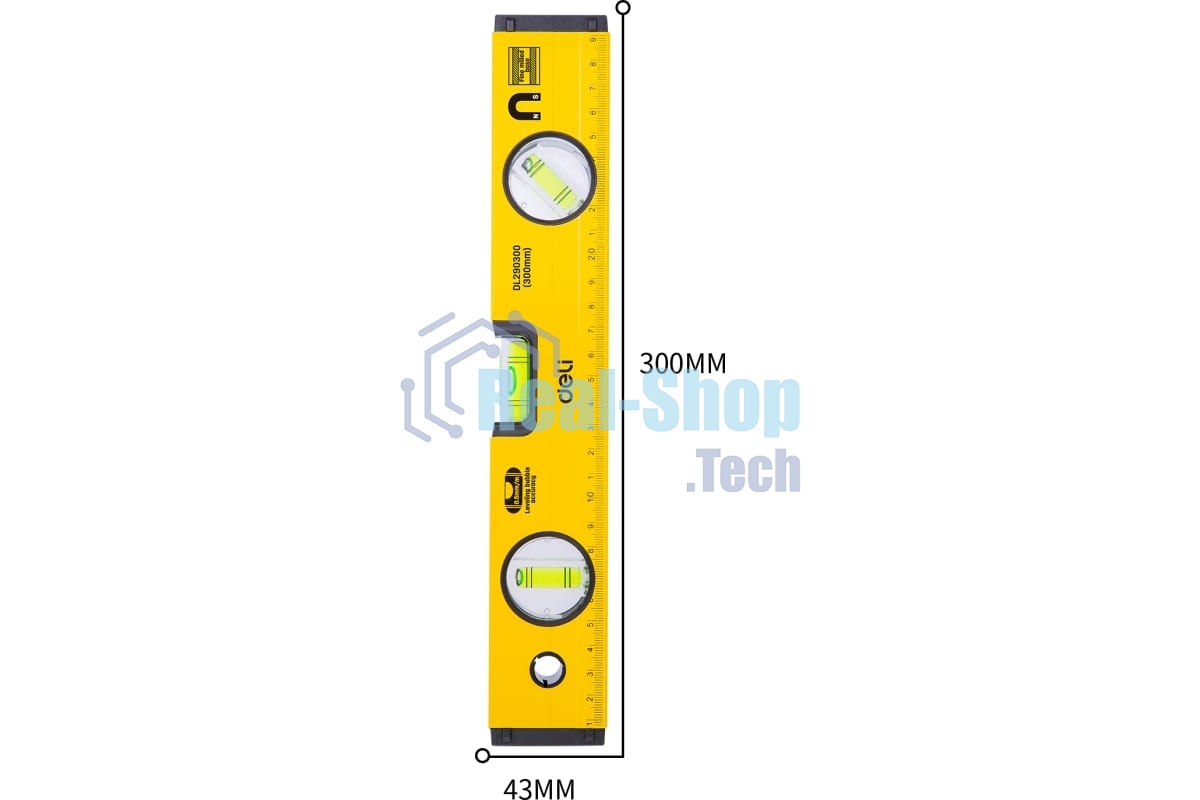 Строительный уровень Deli DL290300 300мм Алюминиевый сплав. Мягкая резина на обоих концах. Магнит для удобства эксплуатации. Измерение под углом 45°.