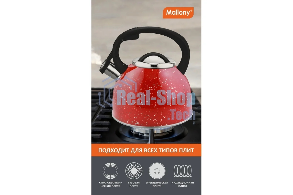 Чайник для плиты из нерж стали со свистком MALLONY 