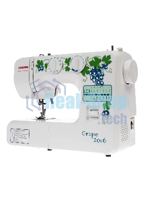 Швейная машина Janome Grape 2016 белый, электромеханическая, вертикальный качающийся, 15 операций, петля полуавтомат