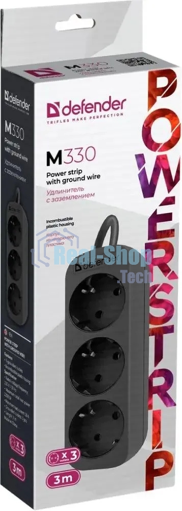 Удлинитель cетевой Defender M330 черный, 3 м, EURO, 3 розетки, 2200 Вт