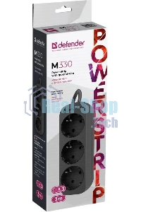 Удлинитель cетевой Defender M330 черный, 3 м, EURO, 3 розетки, 2200 Вт