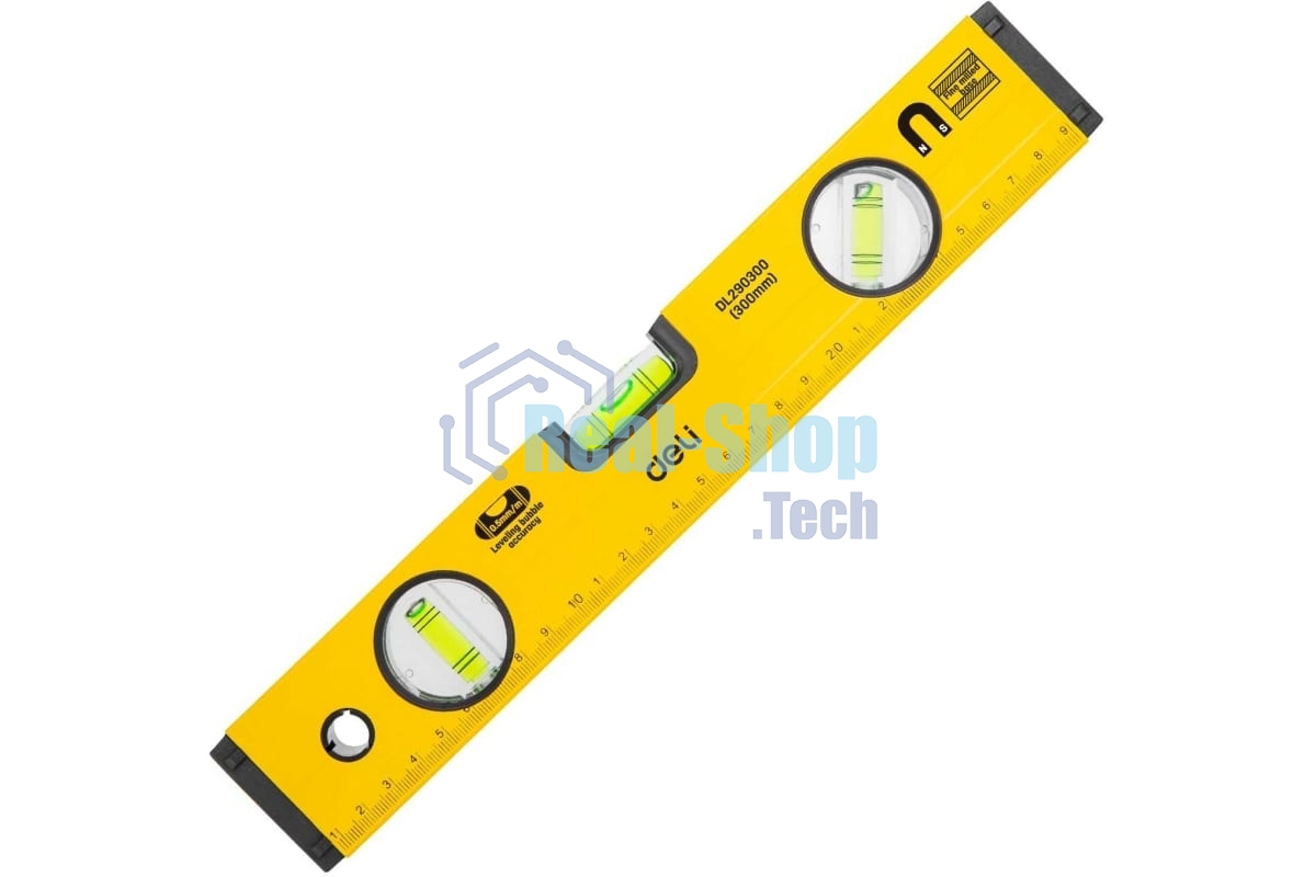 Строительный уровень Deli DL290300 300мм Алюминиевый сплав. Мягкая резина на обоих концах. Магнит для удобства эксплуатации. Измерение под углом 45°.