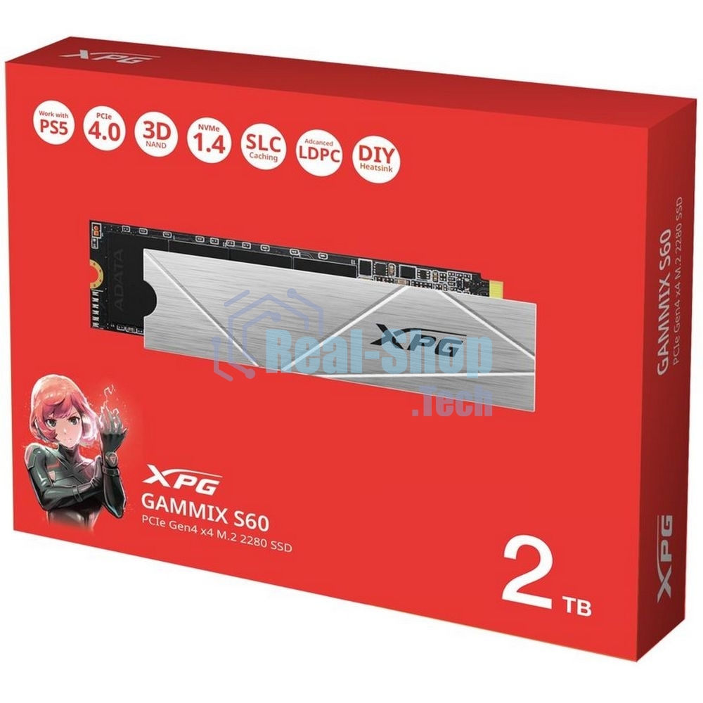 Накопитель SSD ADATA XPG GAMMIX S60, 2Tb, PCIe 4.0 x4, M.2 2280, NVMe, R/W 5000/4200, с радиатором