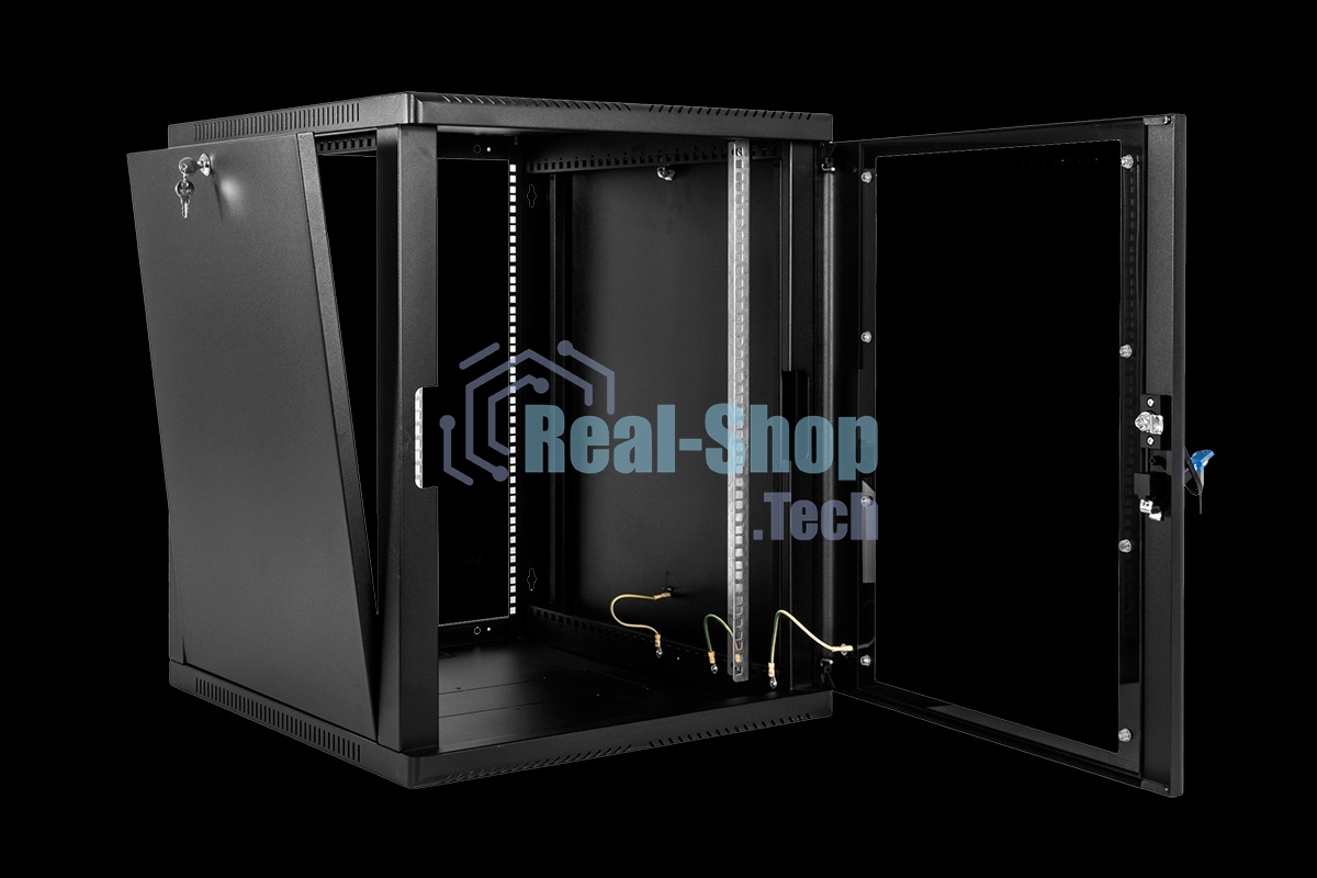 Шкаф коммутационный ЦМО ШРН-15.650-9005 настенный 15U 600x658мм пер.дв.стекл 200кг черный 600мм 180град.