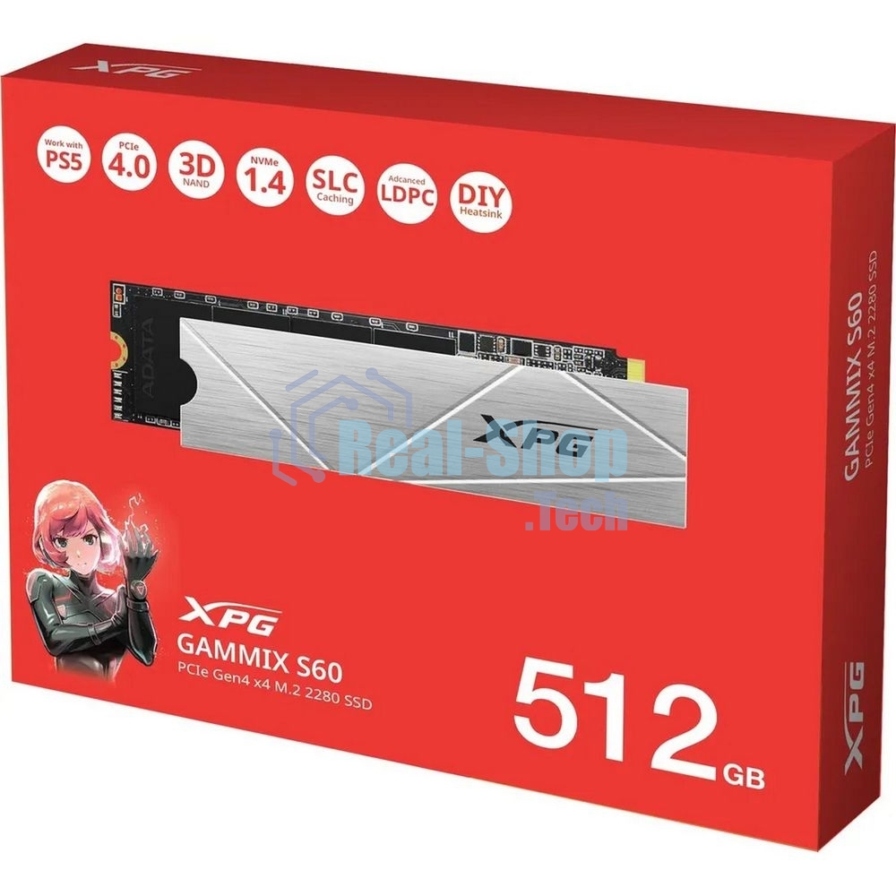 Накопитель SSD ADATA XPG GAMMIX S60, 512Gb, PCIe 4.0 x4, M.2 2280, NVMe, R/W 4700/1700, с радиатором