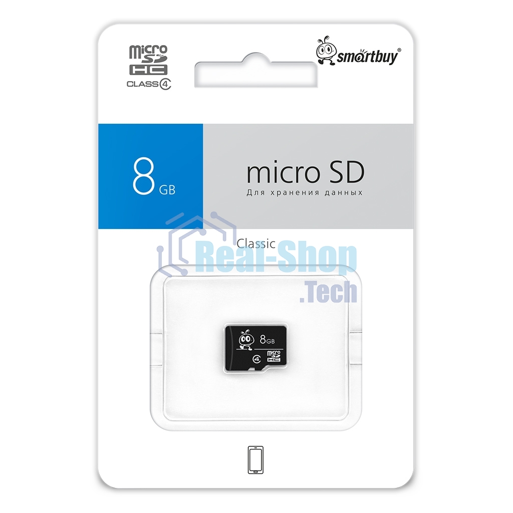 Флеш карта Micro SDHC 8Gb Smartbuy Сlass 4 (без адаптеров)
