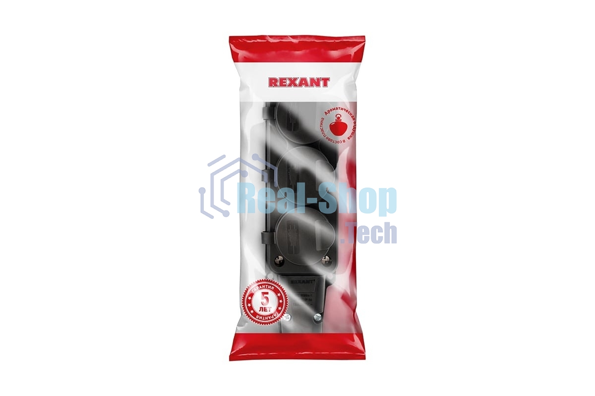 Розетка штепсельная Rexant трехместная, влагозащищенная, с/з, 16 А, IP54, каучук