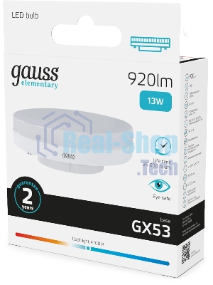 Лампа светодиодная Gauss Elementary 13Вт цок.:GX53 таблетка 220B св.свеч.бел.нейт. Tablet (упак.:10шт) (83823)