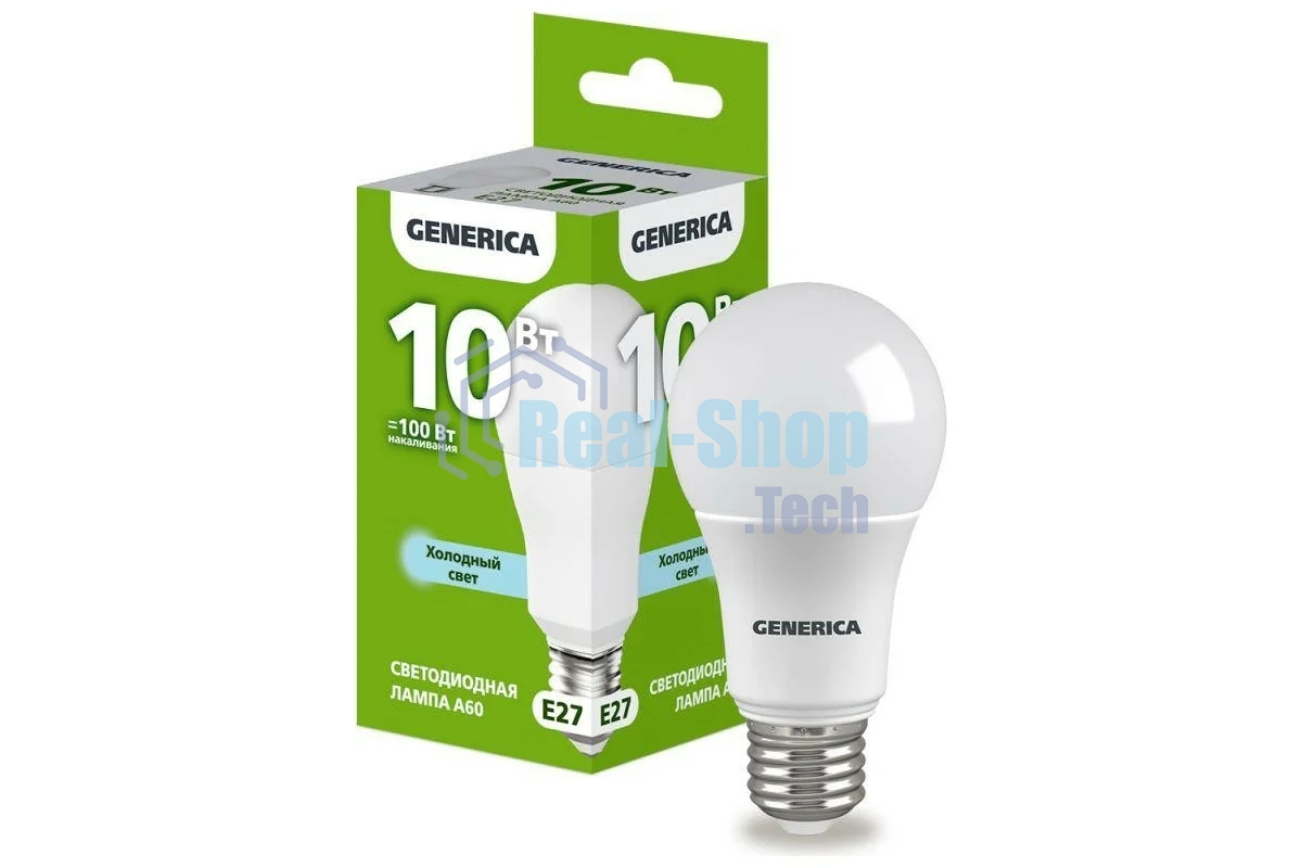 Лампа светодиодная GENERICA LL-A60-10-230-65-E27-G A60 10 Вт, грушевидная, 6500К, E27 230В
