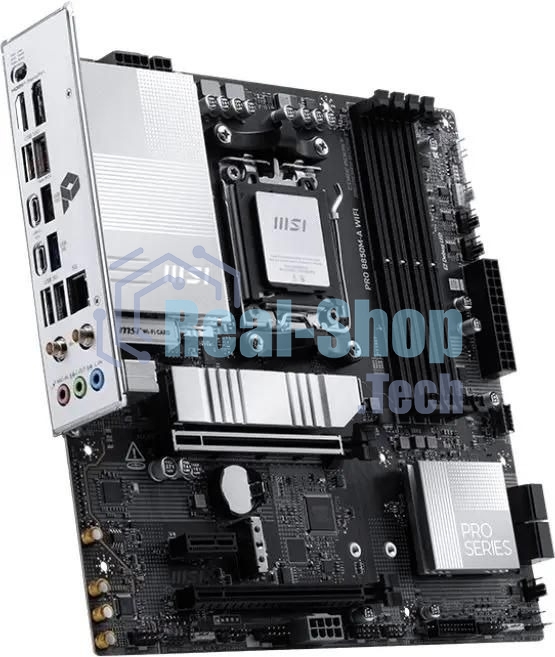 Материнская плата MSI PRO B850M-A WIFI, AM5, AMD B850, 4xDDR5, 4xSATA, 2xM.2, 1xPCIe 5.0 x16, 1xPCIe 4.0 x4, 1xPCIe 3.0 x1, 1xHDMI (v2.1), 1xDP (v1.4), 1x5Gb LAN, Wi-Fi 7, Bluetooth 5.4, 2xUSB-C 10Gbps, 3xUSB-A 10Gbps, 3xUSB-A 5Gbps, 2x3.5 мм, 7.1, mATX