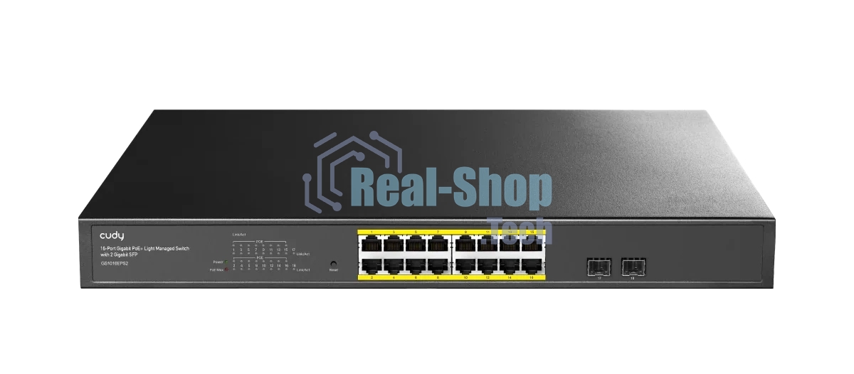 Коммутатор CUDY GS1016EPS2, 16×1 Гбит/с PoE+ + 2×1 Гбит/с SFP, настраиваемый
