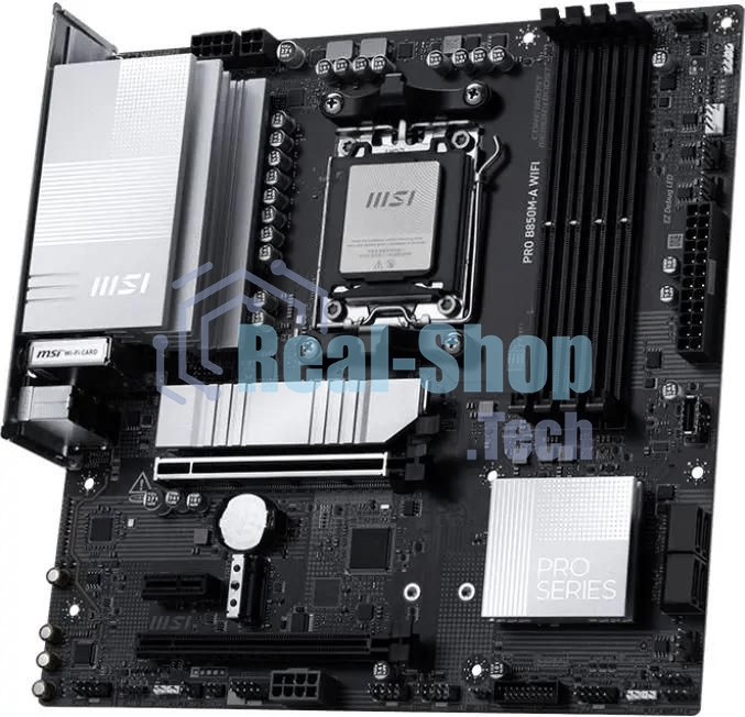Материнская плата MSI PRO B850M-A WIFI, AM5, AMD B850, 4xDDR5, 4xSATA, 2xM.2, 1xPCIe 5.0 x16, 1xPCIe 4.0 x4, 1xPCIe 3.0 x1, 1xHDMI (v2.1), 1xDP (v1.4), 1x5Gb LAN, Wi-Fi 7, Bluetooth 5.4, 2xUSB-C 10Gbps, 3xUSB-A 10Gbps, 3xUSB-A 5Gbps, 2x3.5 мм, 7.1, mATX