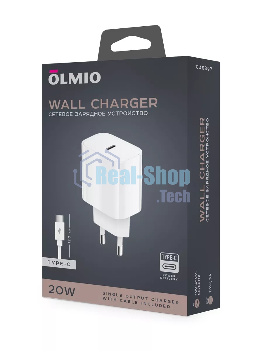 Сетевое зарядное устройство OLMIO Type-C 20W PD 3A PPS, + кабель Type-C 1.2м, белое