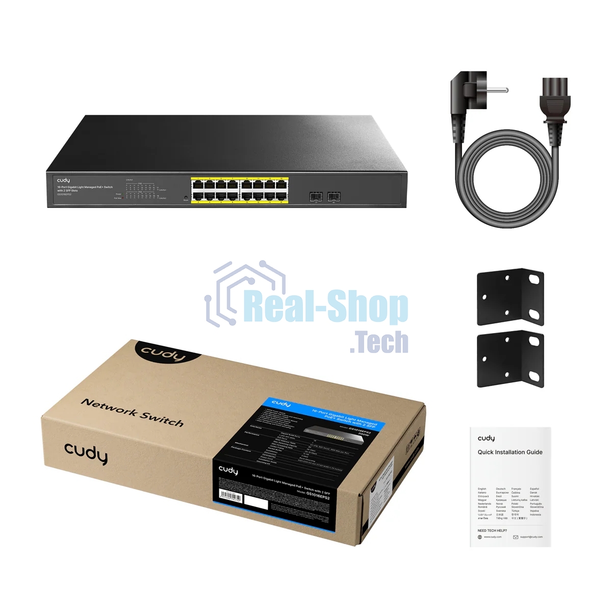 Коммутатор CUDY GS1016EPS2, 16×1 Гбит/с PoE+ + 2×1 Гбит/с SFP, настраиваемый