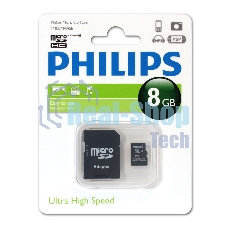 Флеш карта microSD 8Gb PHILIPS microSDHC Class 10 (SD адаптер)