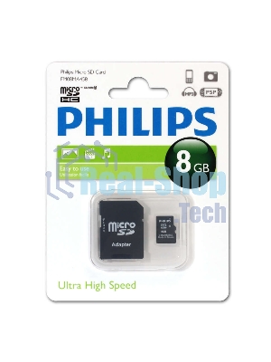 Флеш карта microSD 8Gb PHILIPS microSDHC Class 10 (SD адаптер)