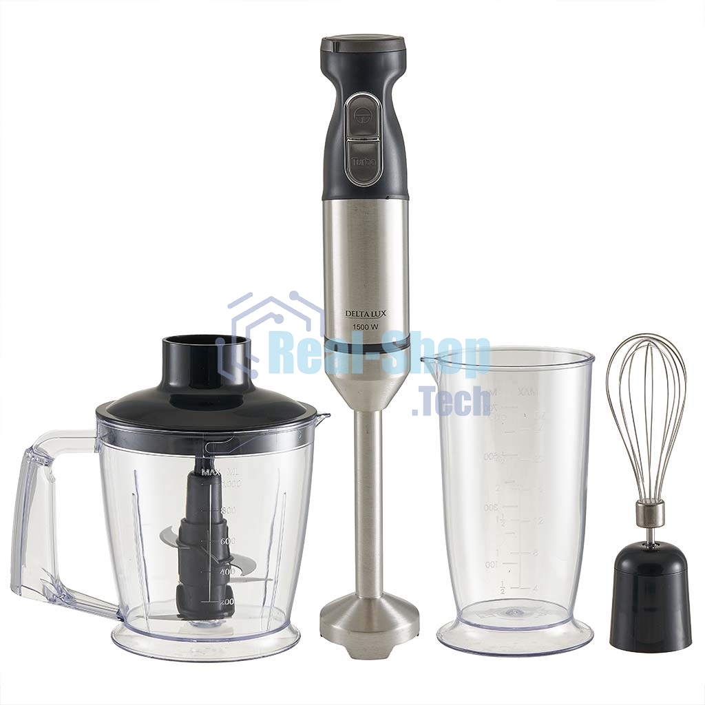 Блендер погружной DELTA LUX DE-7011B черный 1500 Вт, ТУРБО, измельчитель, стакан, венчик (8)