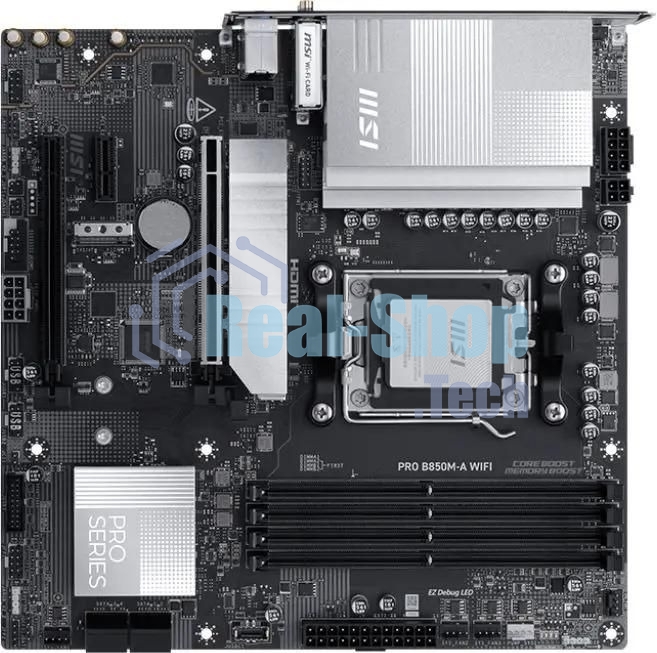 Материнская плата MSI PRO B850M-A WIFI, AM5, AMD B850, 4xDDR5, 4xSATA, 2xM.2, 1xPCIe 5.0 x16, 1xPCIe 4.0 x4, 1xPCIe 3.0 x1, 1xHDMI (v2.1), 1xDP (v1.4), 1x5Gb LAN, Wi-Fi 7, Bluetooth 5.4, 2xUSB-C 10Gbps, 3xUSB-A 10Gbps, 3xUSB-A 5Gbps, 2x3.5 мм, 7.1, mATX
