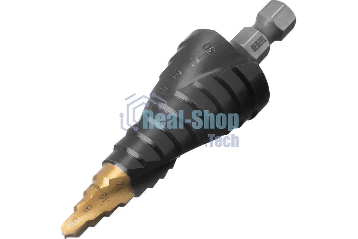 Сверло ступенчатое Denzel 6-8-10-12-14-16-18-20-22-24-26-28-30мм, Р6М5, 6-гр. хвостовик 723604