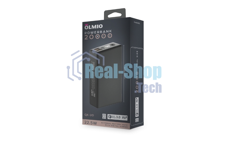 Портативный аккумулятор OLMIO QX-20, 20000mAh, 22.5W, QuickCharge3.0/PowerDelivery, LCD, графитовый