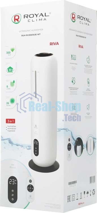 Увлажнитель воздуха Royal Clima RIVA RUH-RV300/8.0E-WT белый, 30 м², 8 л, ультразвуковой, гигростат, ароматизация, пульт ДУ, ночной режим, верхний залив воды