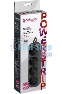 Удлинитель Defender M418 черный, 1.8 м, EURO, 4 розетки, 2200 Вт