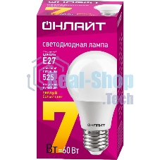 Лампа светодиодная ОНЛАЙТ 71647 OLL-A60-7-230-2.7K-E27 7Вт грушевидная 2700К тепл. белый E27 525лм 176-264В