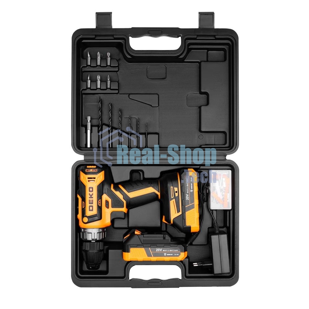 Дрель-шуруповерт аккумуляторная Deko GCD20DU PRO, 20В, 2 АКБ, Кейс в кейсе + набор 63 инструмента для дома