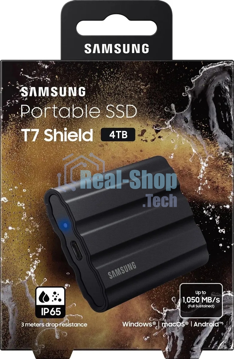 Внешний SSD Samsung T7 Shield, 4TB, USB 3.2 Gen 2 Type-C, R/W 1050/1000, черный