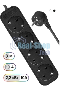 Удлинитель Defender M430 черный, 3 м, EURO, 4 розетки, 2200 Вт