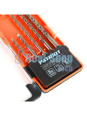 Набор буров PATRIOT SDS Plus, 5 шт: 5x110 мм, 6x110 мм, 6x160 мм, 8x160 мм, 10x160 мм в боксе