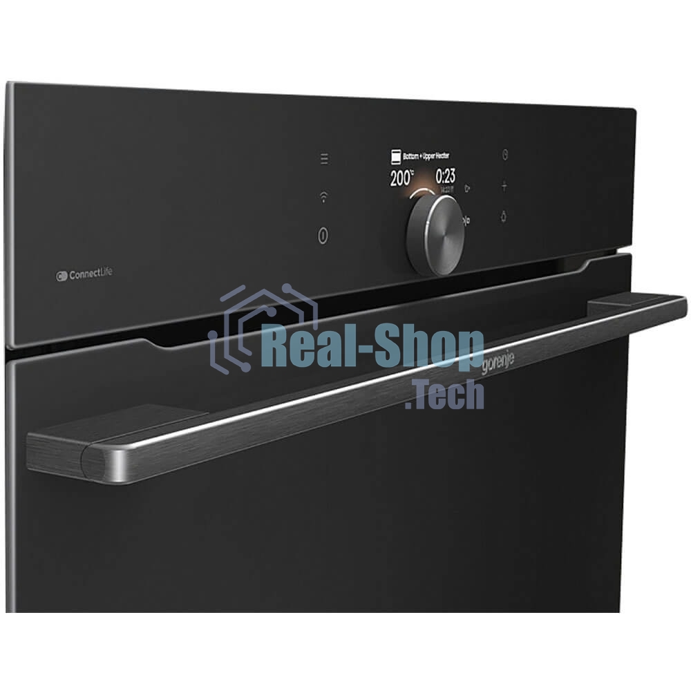 Встраиваемая электрическая духовка Gorenje BP6138B, объем 77 л, макс. температура 320 градусов, сенсорное/поворотное управление, Wi-Fi, пиролитическая очистка, телескопические направляющие на одном уровне, термощуп, AirFry, автоматические программы, динамическая система охлаждения, многоуровневое приготовление, PerfectGrill, энергоэффективность А+, черный