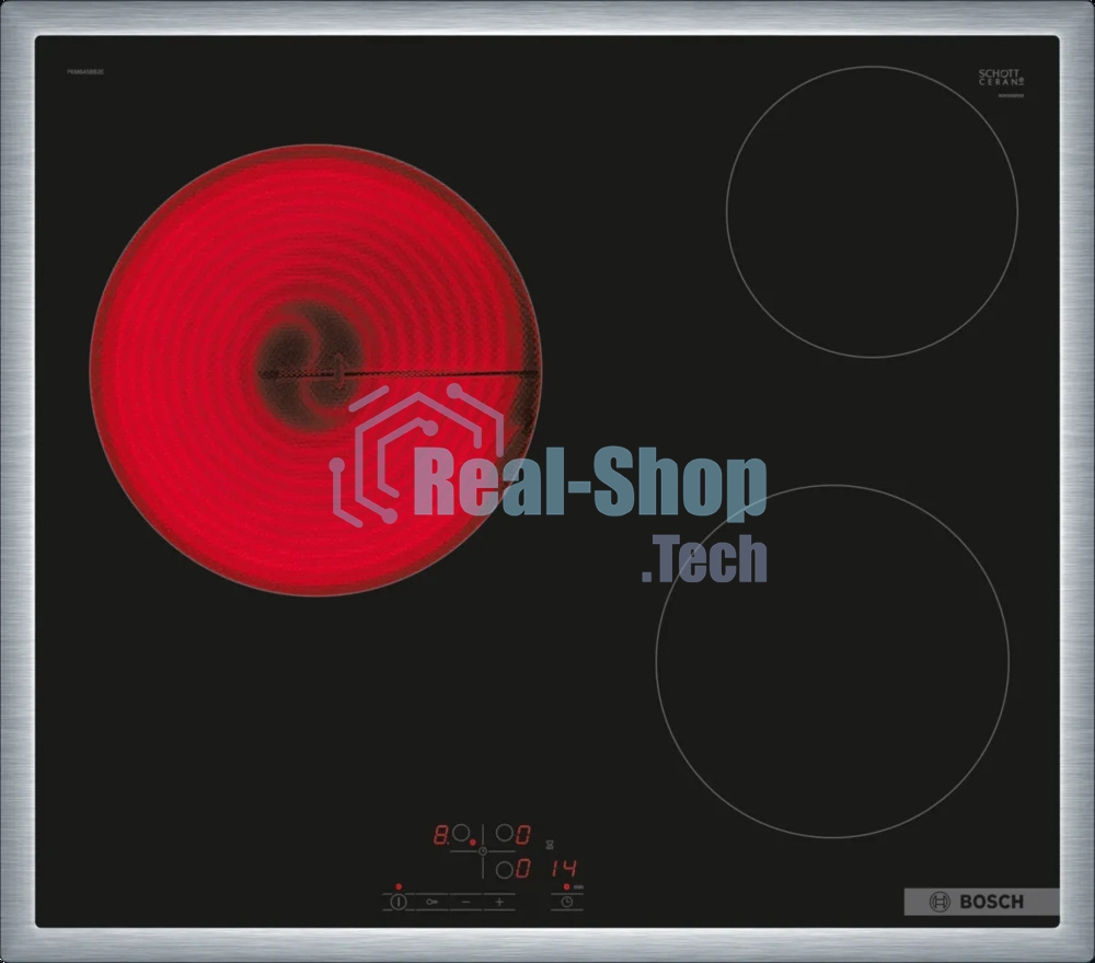Электрическая варочная панель Bosch PKM645BB2E, стеклокерамическая поверхность, независимая, рамка-сталь, черный 4.8x58.3x51.3