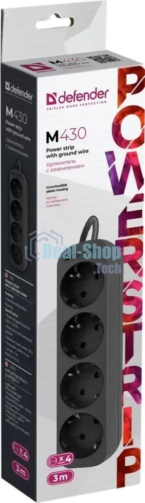 Удлинитель Defender M430 черный, 3 м, EURO, 4 розетки, 2200 Вт
