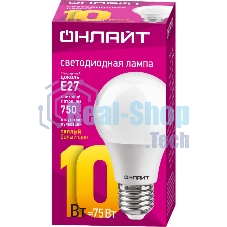 Лампа светодиодная ОНЛАЙТ 71649 OLL-A60-10-230-2.7K-E27 10Вт грушевидная 2700К тепл. белый E27 750лм 176-264В