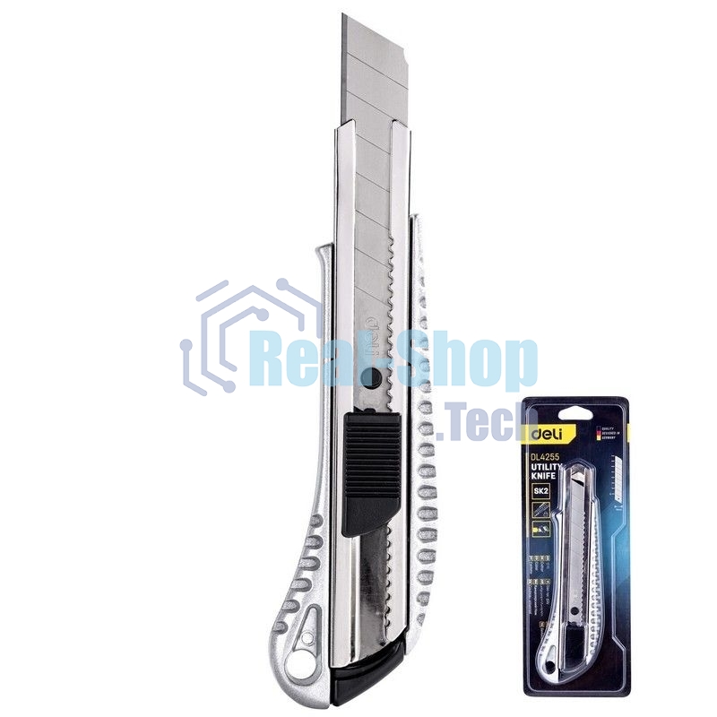 Универсальный нож Deli DL4255 18мм Лезвие SK2. Алюминиевый корпус. Общая длина: 155 мм.