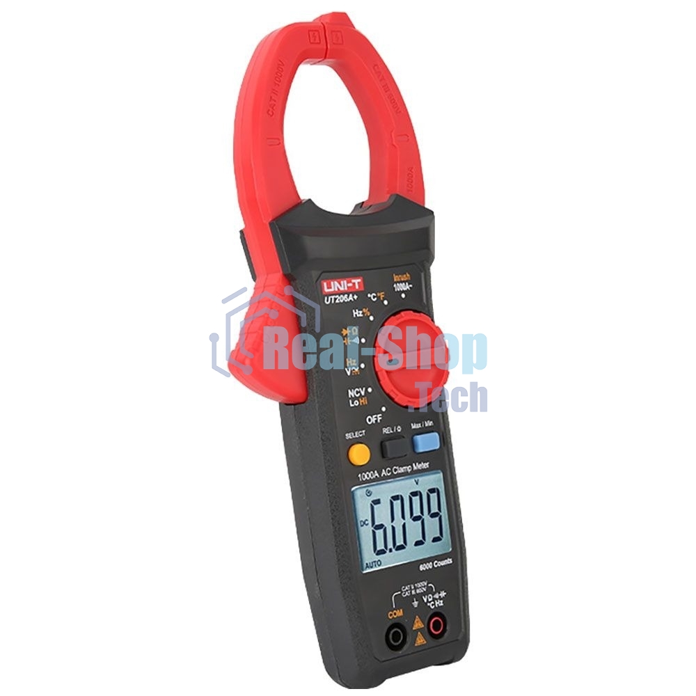 Токоизмерительные клещи UT205A+ Напряжение постоянного/переменного тока (1000 В); переменный ток (1000А); Сопротивление (40 МОм); Емкость (40 мФ); Частота (10 МГц); Отверстие челюсти 42 мм