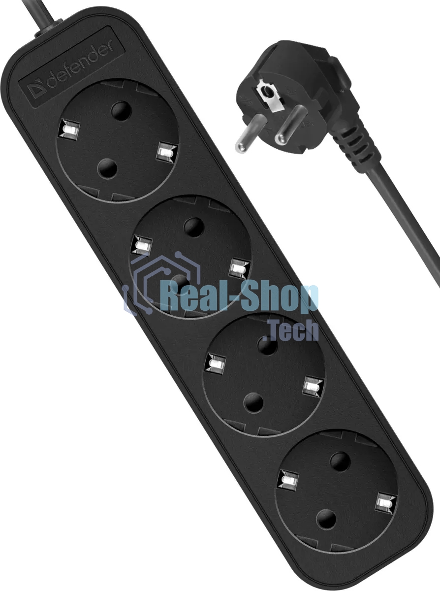 Удлинитель Defender M450 черный, 5 м, EURO, 4 розетки, 2200 Вт