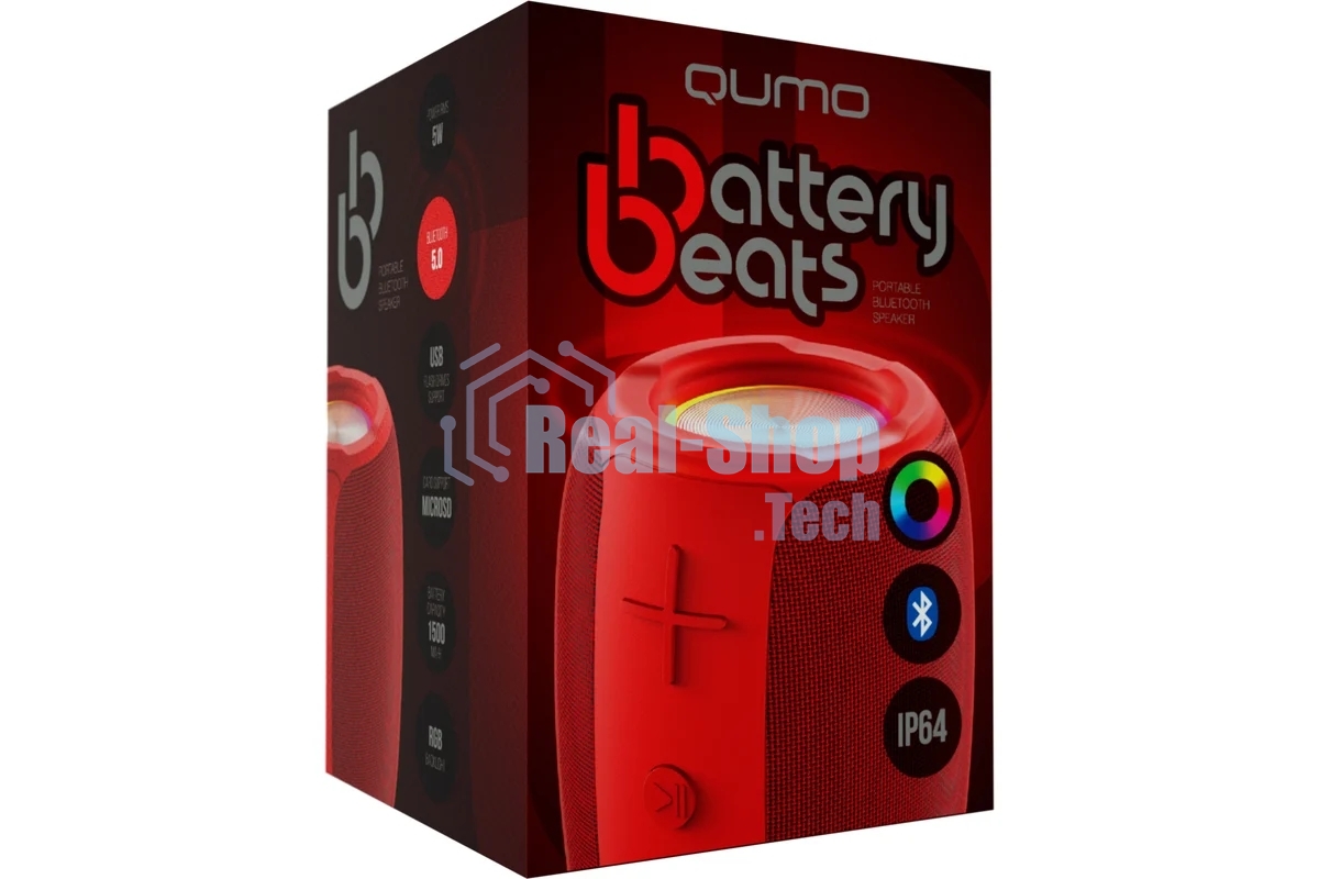 Колонка беспроводная QUMO BatteryBeats BT5.0 5Вт IP64 FM SD USB AUX подсветка 1500мА·ч красный