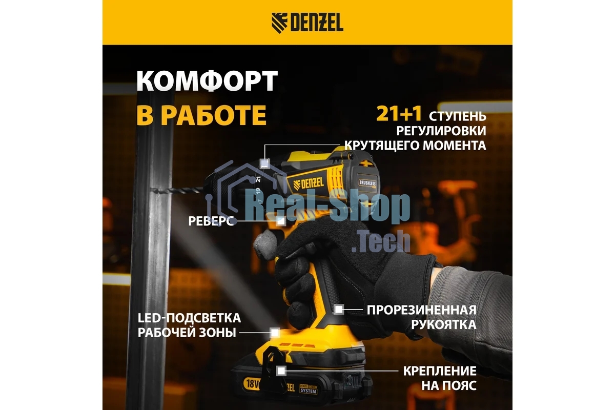 Дрель-шуруповерт аккумуляторная Denzel BLDL-18-0, 18В, Без АКБ и ЗУ