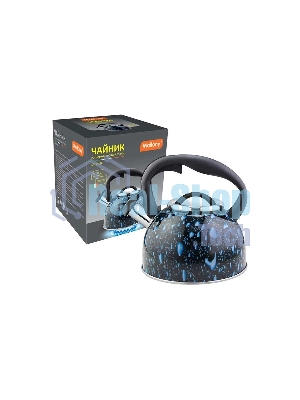 Чайник для плиты из нерж стали MALLONY LACRIMA, 2,5 л, со свистком, окрашенный (черный с синими каплями) (003979)