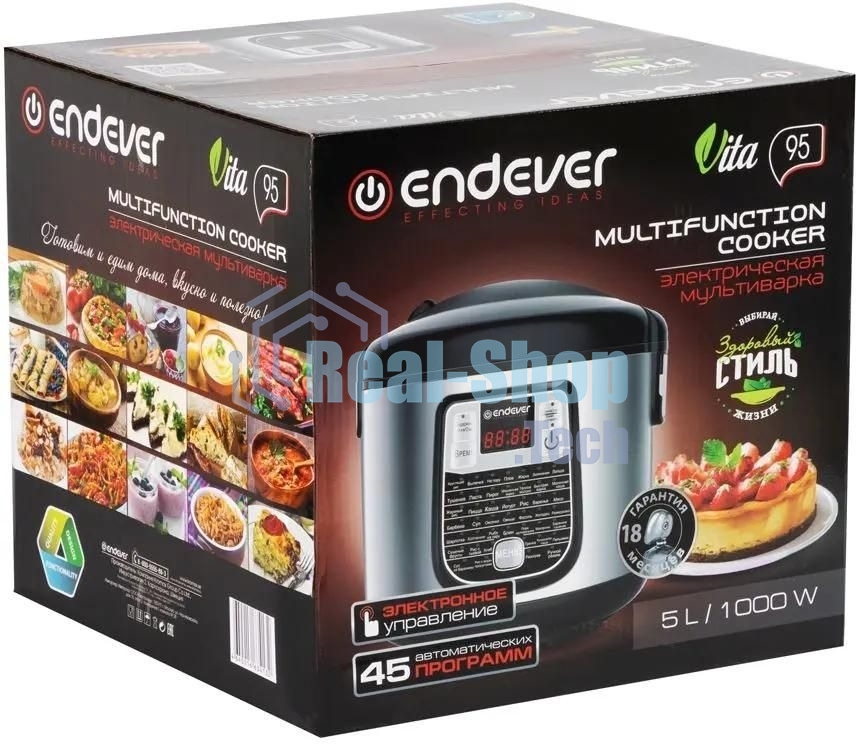 Мультиварка Endever Vita-95, мощность 1000 Вт, черный/стальной, емкость 5л, 45 авторежимов работы, книга рецептов