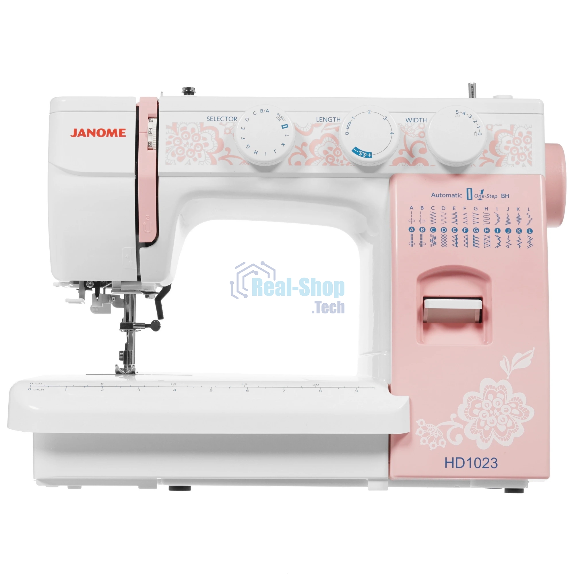 Швейная машина Janome HD1023 белый/розовый, электромеханическая, вертикальный качающийся, 25 операций, автоматическая петля