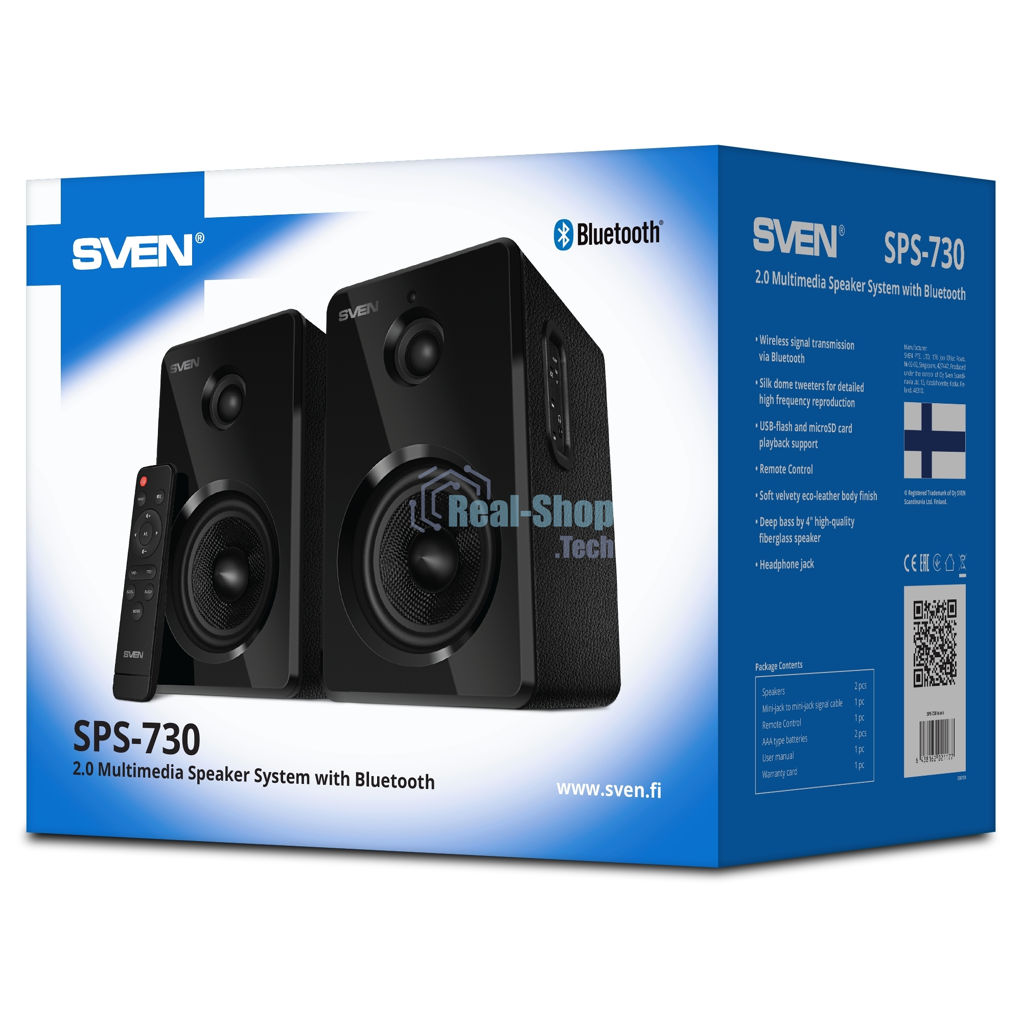 Акустическая система SVEN SPS-730 2.0 черные (2x25Вт, экокожа, USB/SD, пульт ДУ, Bluetooth)