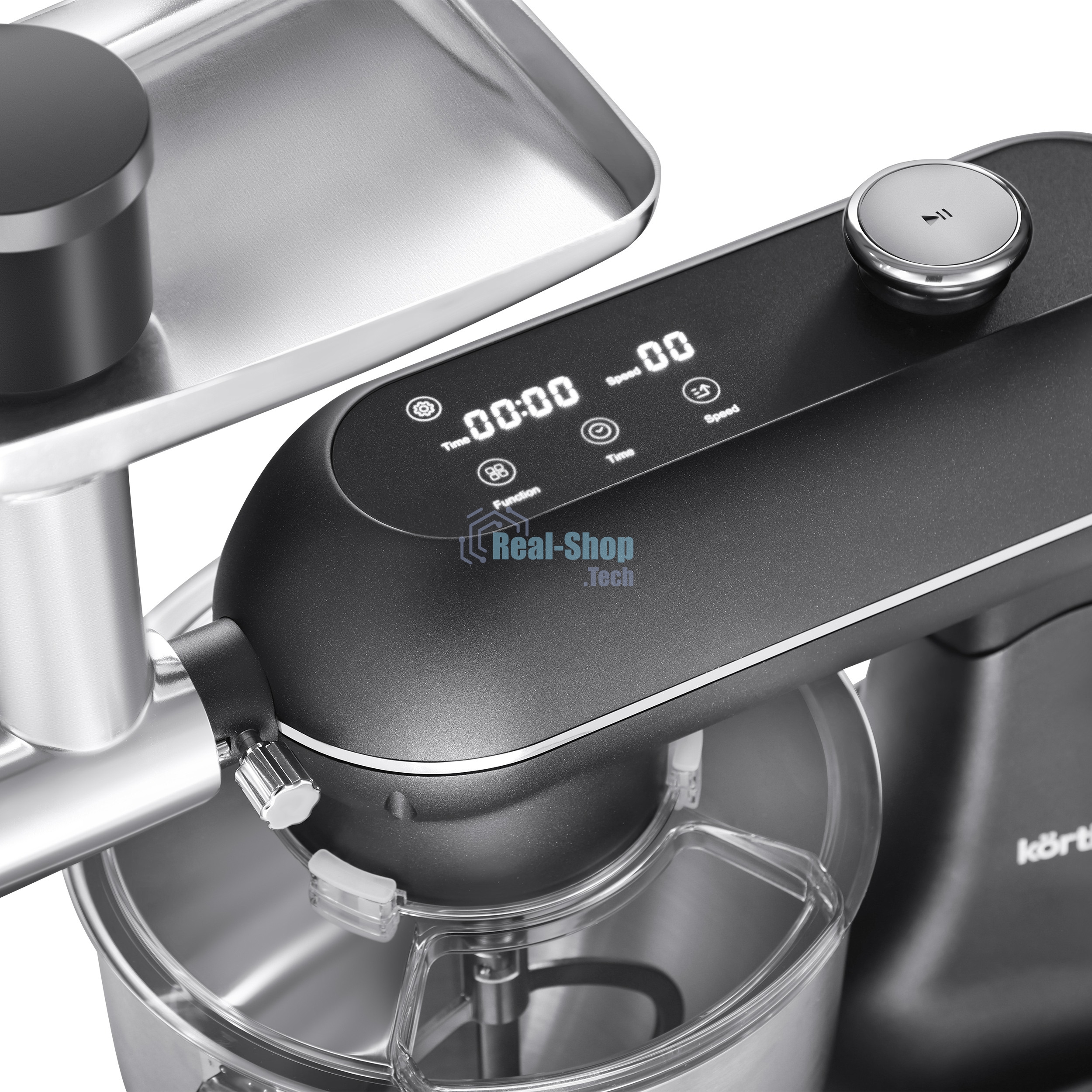 Кухонная машина KORTING KKM 0107 MB N, мощность 1500 Вт, 5 насадок, объем чаши 6.5 л, сенсорный дисплей/механическое управление, планетарное вращение, 11 скоростей, турборежим, импульсный режим, таймер, насадка для смешивания/крюк для теста/веничк/мясоруб