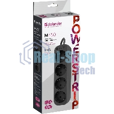 Удлинитель Defender M450 черный, 5 м, EURO, 4 розетки, 2200 Вт