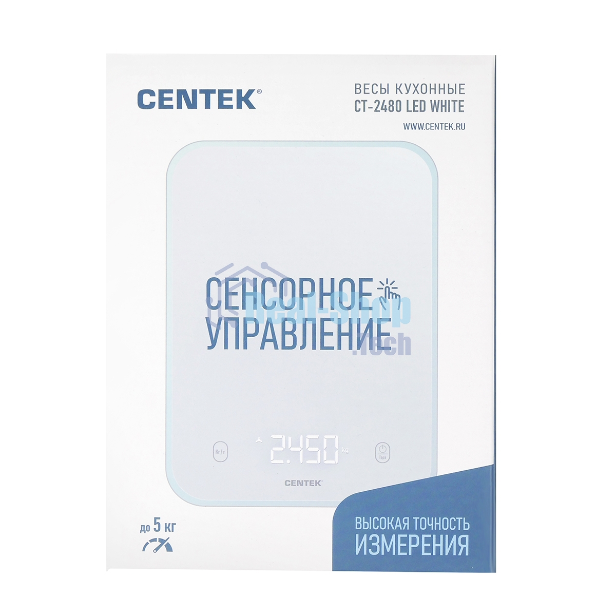 Весы кухонные Centek CT-2480 LED белый, сенсор, 150х15х205мм, max 5кг, шаг 1г, Авто Ноль/Выкл