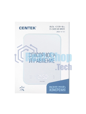 Весы кухонные Centek CT-2480 LED белый, сенсор, 150х15х205мм, max 5кг, шаг 1г, Авто Ноль/Выкл