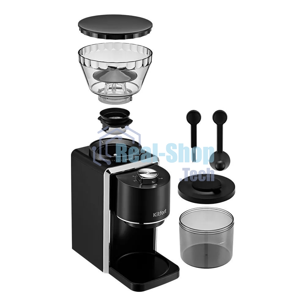 Кофемолка Kitfort КТ-787 200Вт сист.помол.:жернова вместим.:250гр черный/серебристый