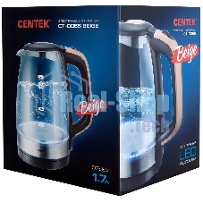 Чайник электрический Centek CT-0065 Beige стекло, 1.7 л 2200 Вт, LED-подсветка, мерная шкала, защита от вкл б/воды